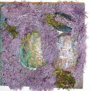 Fire Earth Stone mixed media Preserved Moss on canvas 8"x8" square